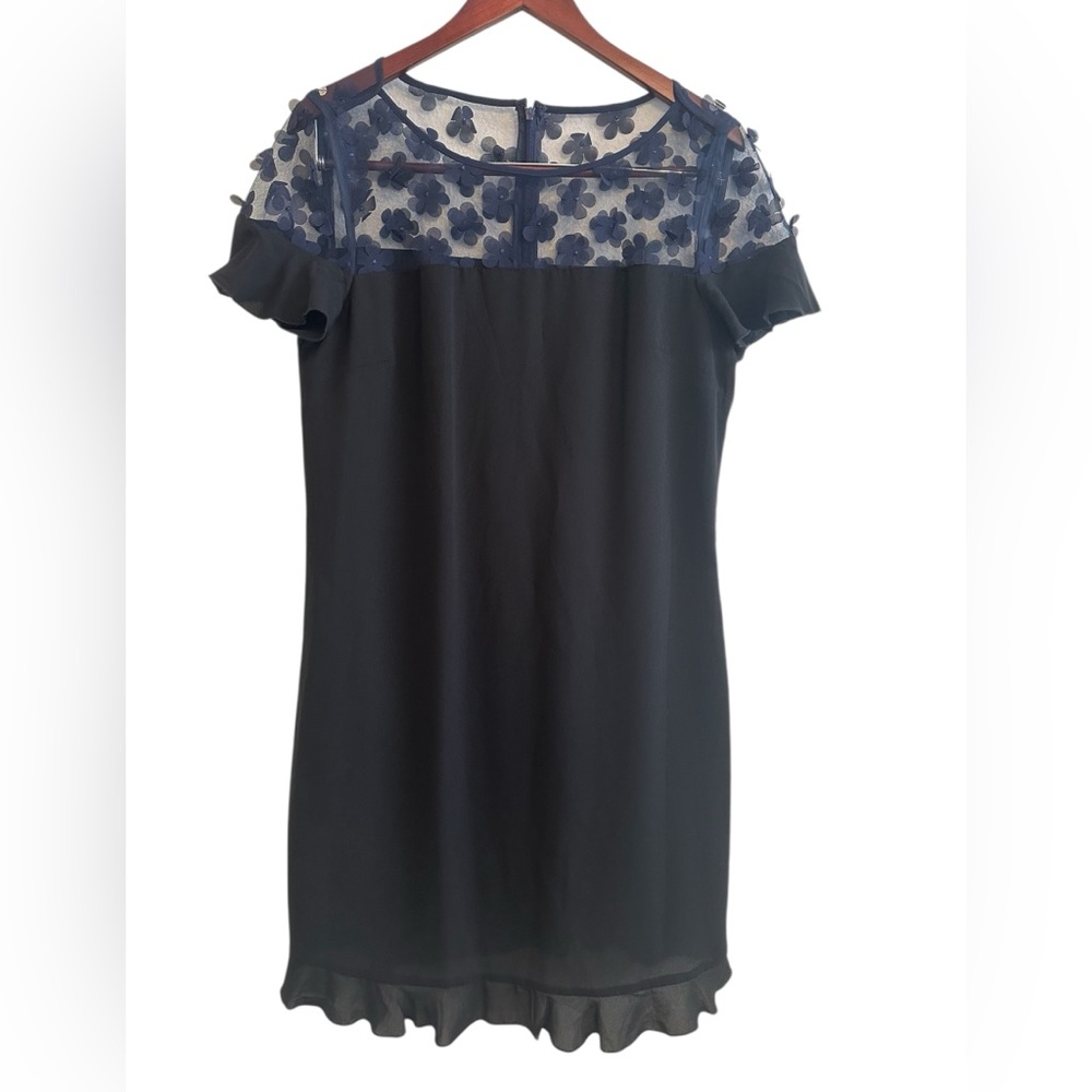Karl Lagerfeld Navy and Black Floral Appliqué Sheath Dress